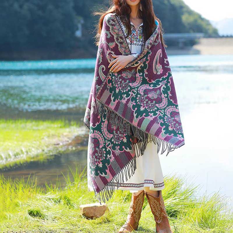 BWOOOH Tibetan Flowers Leaves Branch Design Tassel Shawl 