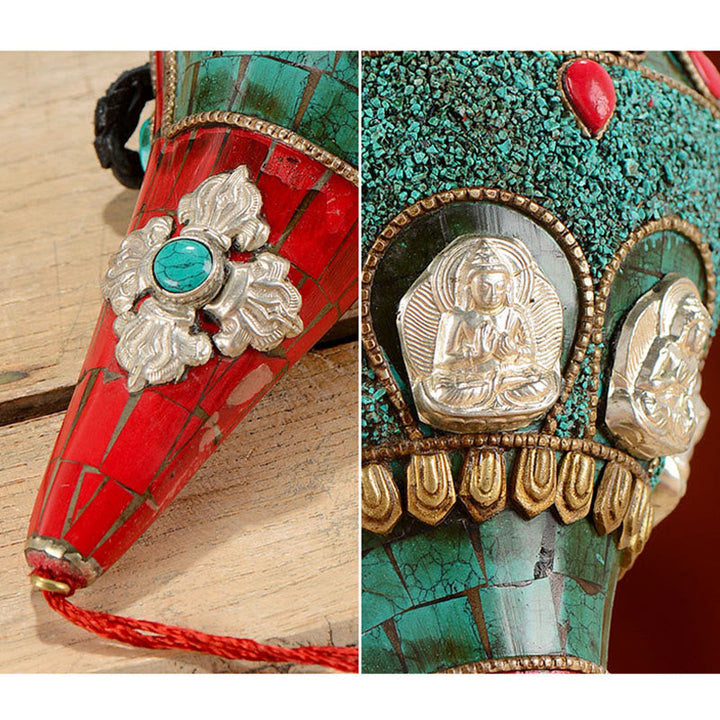BWOOOH Tibetan Handmade Shankha Om Mani Padme Hum Buddha Avalokitesvara Turquoise Conch | Turquoise