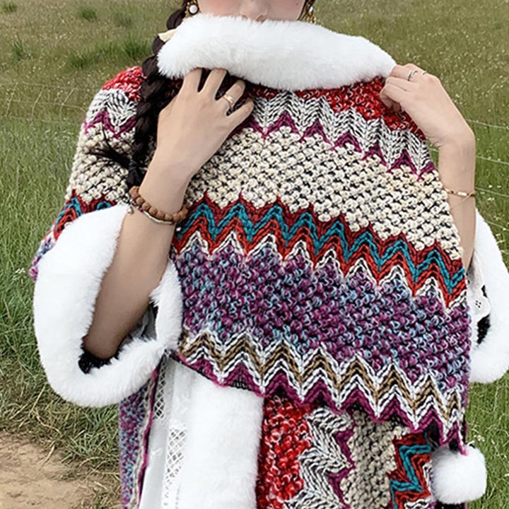 BWOOOH Tibetan Multicolored Wavy Lines Knitted Striped Sh