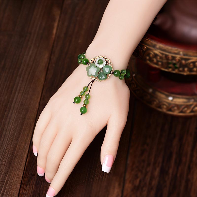 BWOOOH Natural Green Jade Luck Dangling Flower Bracelet