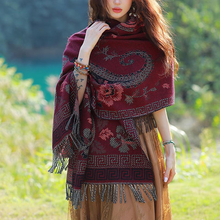 BWOOOH Tibetan Flowers Leaves Pattern Design Shawl Cozy T