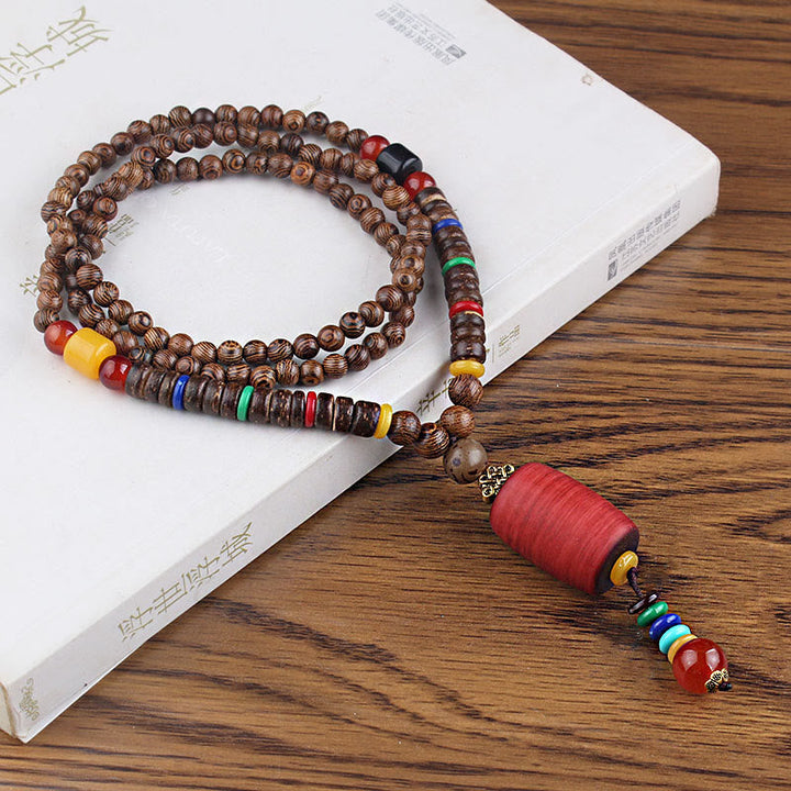 BWOOOH Tibetan Wenge Wood Bodhi Seed Agate Balance Peace Necklace Pendant
