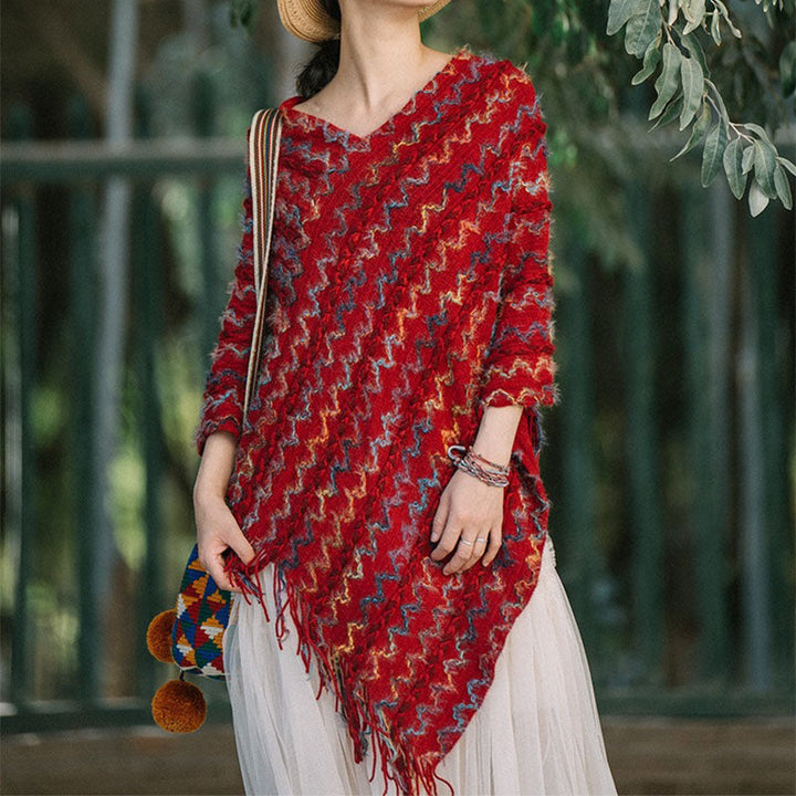 BWOOOH Tibetan Colorful Striped Shawl Tassels Pullover Wi