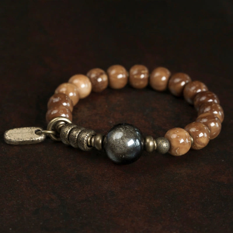 BWOOOH Kuka Seed Tiger Eye Gold Sheen Obsidian Brass Copper Wealth Luck Bracelet