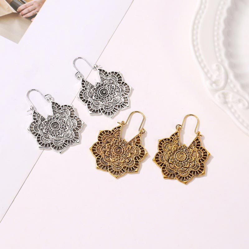 BWOOOH Tibetan Lotus Engraving Copper Blessing Drop Earrings