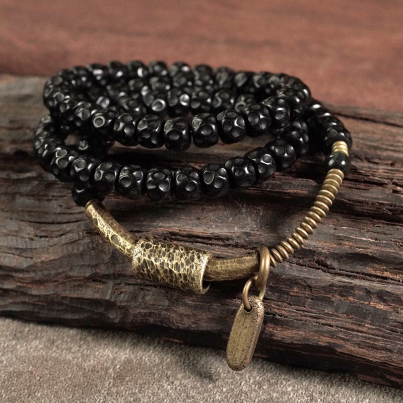 BWOOOH Retro Coconut Shell Brass Copper Happiness Triple Wrap Bracelet