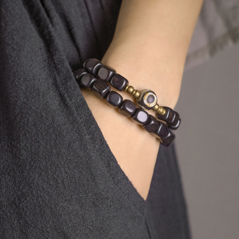 BWOOOH Ebony Wood Dzi Bead Copper Peace Couple Bracelet
