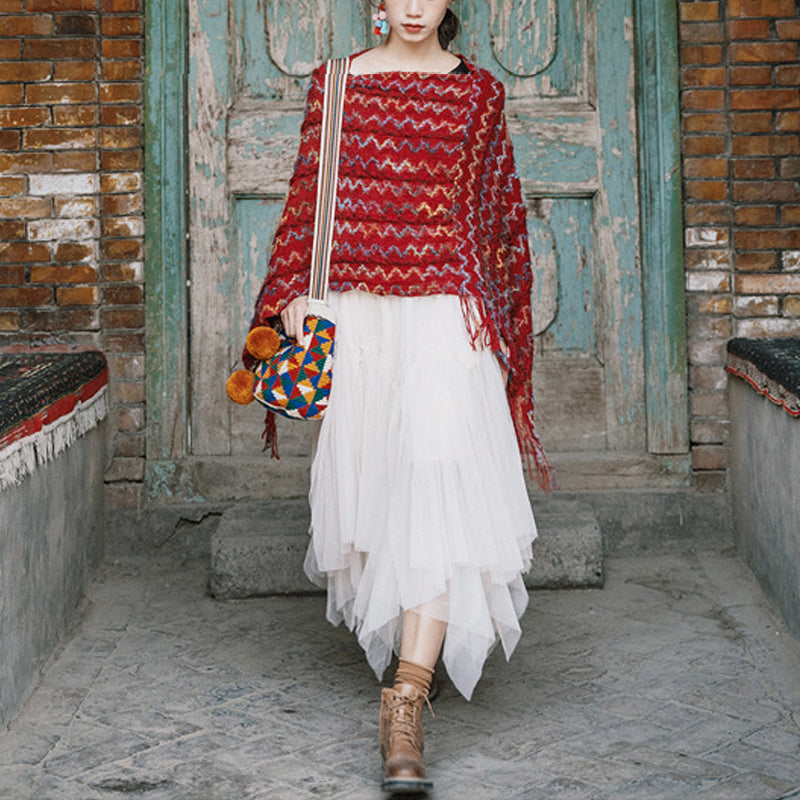 BWOOOH Tibetan Colorful Striped Shawl Tassels Pullover Wi