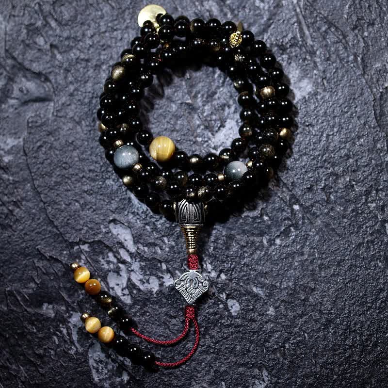 BWOOOH 108 Mala Beads Gold Sheen Obsidian Tiger Eye Eagle&