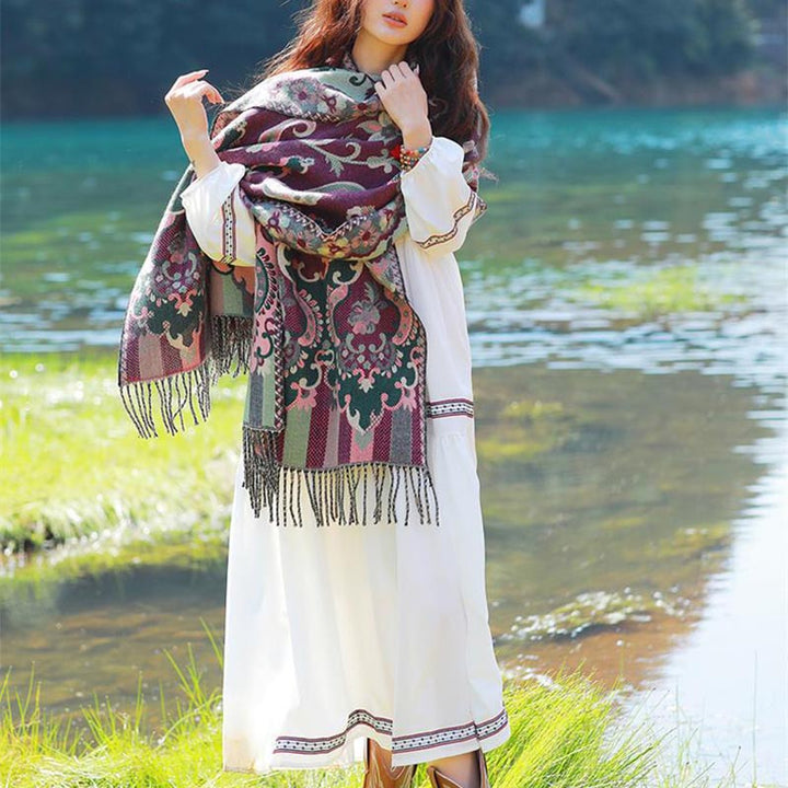 BWOOOH Tibetan Flowers Leaves Branch Design Tassel Shawl 