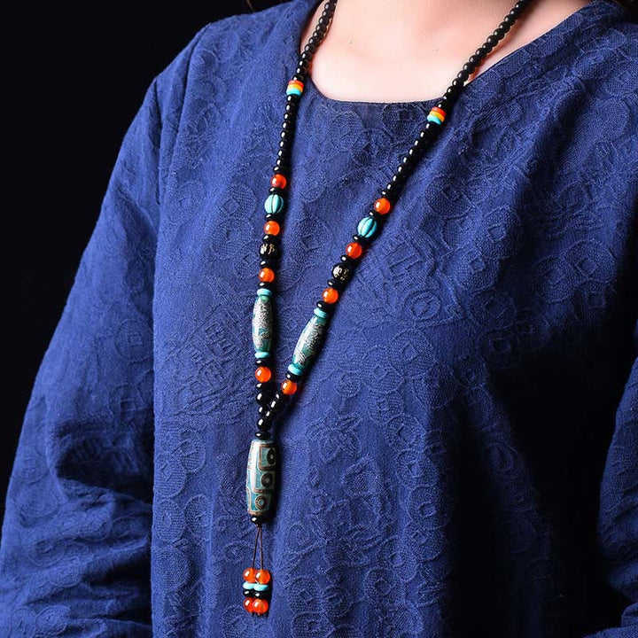 BWOOOH Tibetan Nine-Eye Dzi Bead Dragon Pattern Om Mani Padme Hum Protection Necklace Pendant
