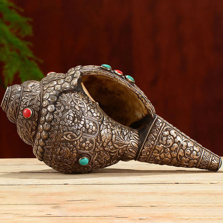 Buddha Stones Tibetan Handmade Natural Shankha Engraved Eight Auspicious Symbols Conch Shell Lucky Home Decoration