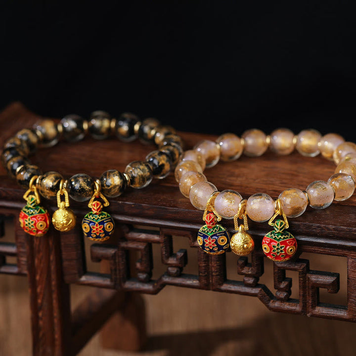 BWOOOH Gold Swallowing Beast Family Charm Gold Silver Foil Liuli Glass Bead Blessings Bracelet