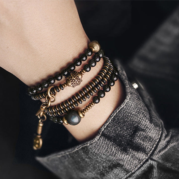 BWOOOH Rainbow Obsidian Ebony Wood Copper Positive Multilayer Bracelet | spiritual healing bracelet