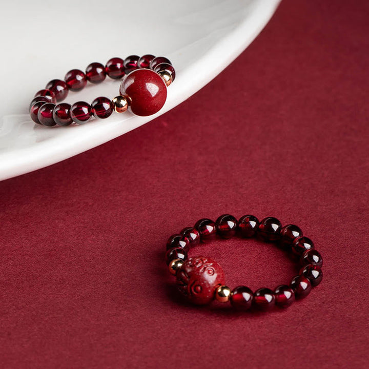 BWOOOH Garnet Cinnabar Lucky Bead PiXiu Om Mani Padme Hum Rose Protection Ring — Garnet feng shui bracelet for spiritual h...