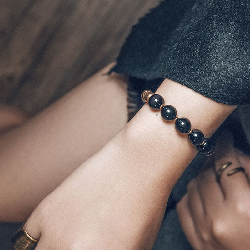 BWOOOH Lava Rock Stone Rainbow Obsidian Brass Support Healing Bracelet