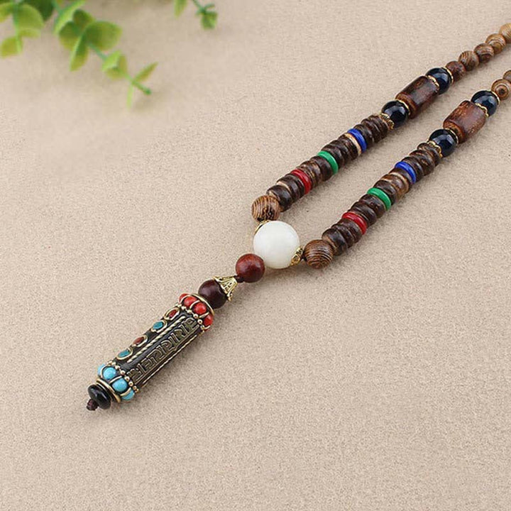 BWOOOH Tibetan Om Mani Padme Hum Dzi Bead Wenge Wood Necklace Pendant