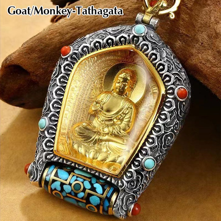 BWOOOH Tibet Chinese Zodiac Natal Buddha Thangka Prosperity Rotatable Dzi Bead Necklace Pendant