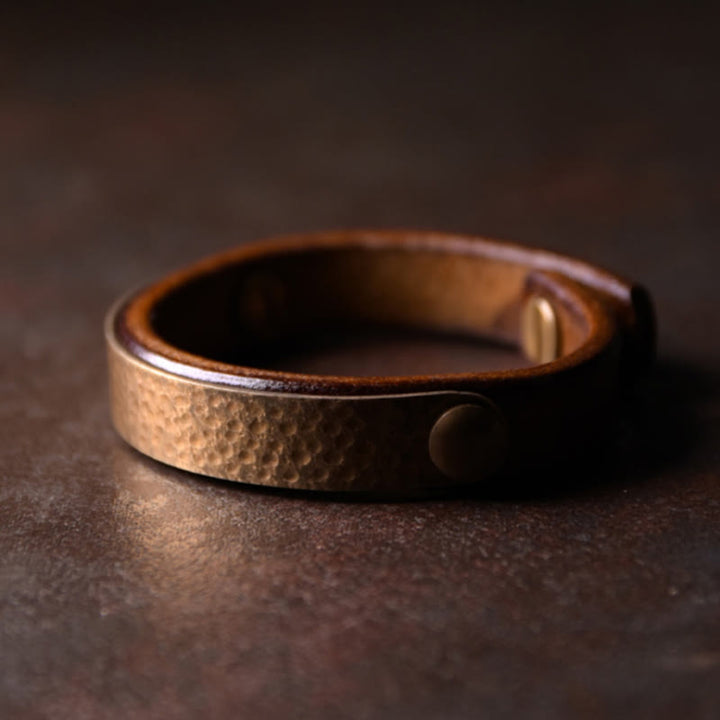BWOOOH Vintage Handmade Texture Copper Brass Leather Wealth Bracelet Bangle