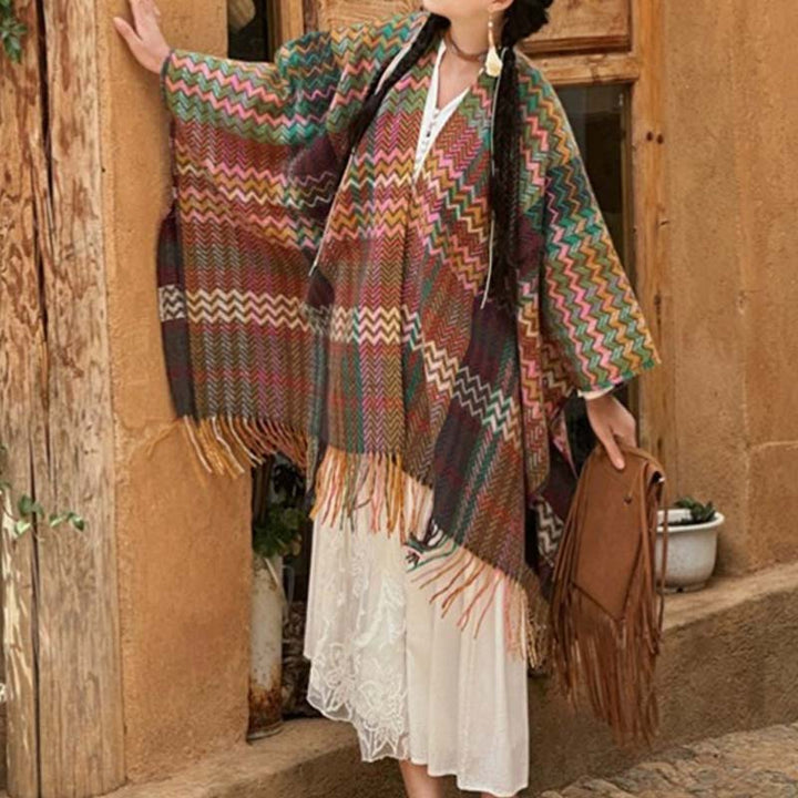 BWOOOH Tibetan Shawl Colorful Wavy Striped Shapes Tassels