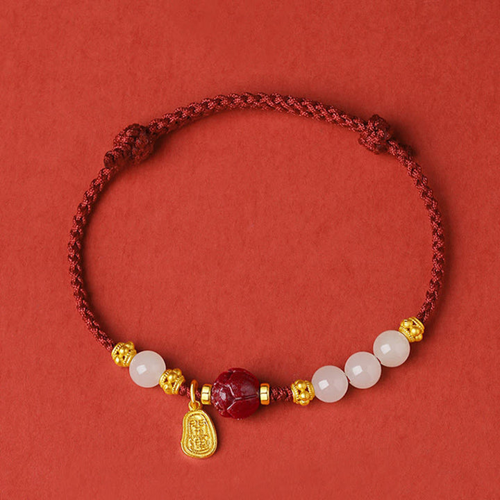 BWOOOH 24K Gold Plated Hetian White Jade Cinnabar Lotus Luck Rope Bracelet | spiritual healing bracelet