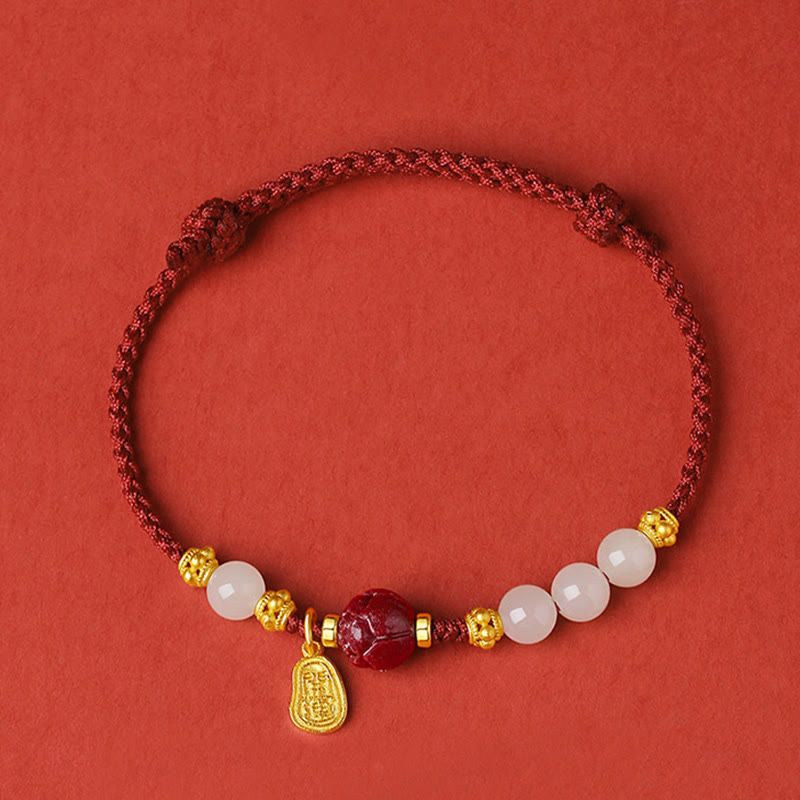 BWOOOH 24K Gold Plated Hetian White Jade Cinnabar Lotus Luck Rope Bracelet | spiritual healing bracelet