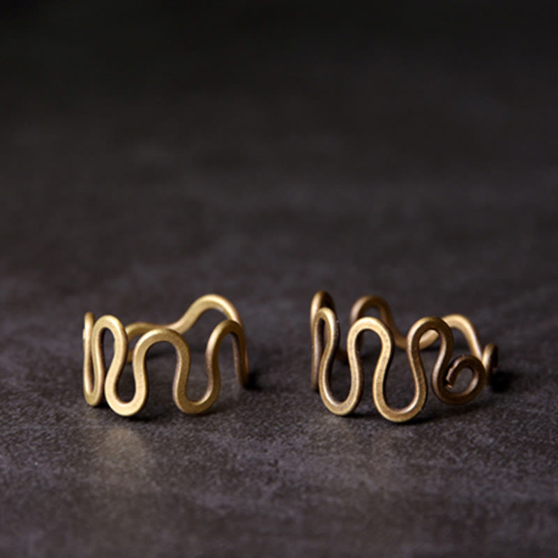 BWOOOH Simple Curved Brass Design Copper Luck Wealth Adjustable Ring