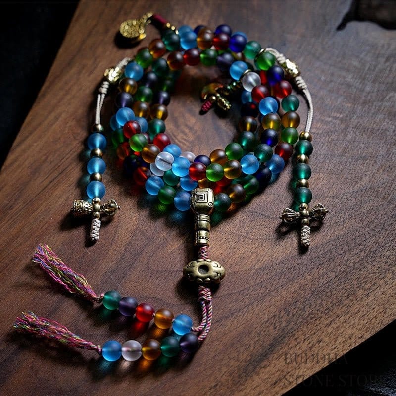 BWOOOH Tibetan 108 Mala Beads Multicolored Liuli Glass Bead Chinese Zodiac Nine Palaces Eight Diagrams Charm Bracelet