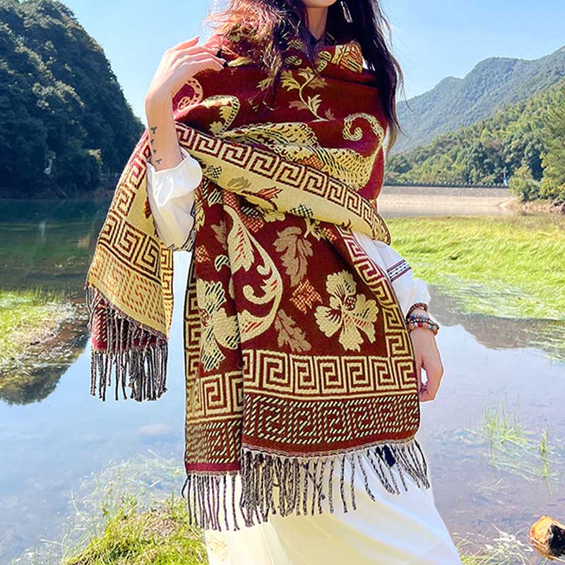 BWOOOH Tibetan Flowers Leaves Pattern Design Shawl Cozy T