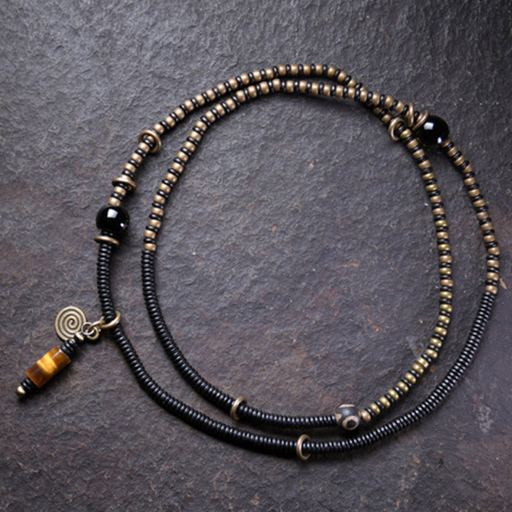 BWOOOH Ebony Wood Dzi Bead Copper Peace Couple Bracelet Necklace Pendant