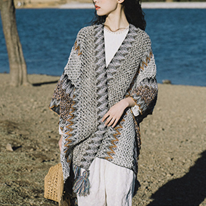 BWOOOH Tibetan Shawl Gray Brown Striped Knitted Tassels W