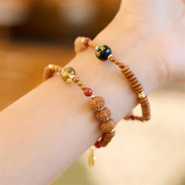 BWOOOH Tibetan Bodhi Seed Black Onyx Smoky Quartz Om Mani Padme Hum Fu Character Wealth Bracelet