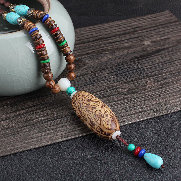BWOOOH Tibetan Wenge Wood Bodhi Seed Agate Balance Peace Necklace Pendant