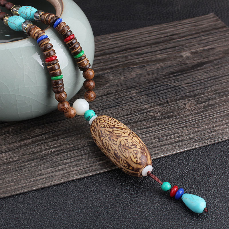 BWOOOH Tibetan Wenge Wood Bodhi Seed Agate Balance Peace Necklace Pendant