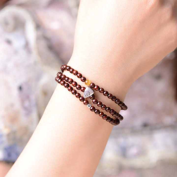 BWOOOH 925 Sterling Silver Indian Small Leaf Red Sandalwood Fu Character Protection Triple Wrap Bracelet