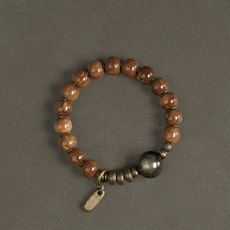 BWOOOH Kuka Seed Tiger Eye Gold Sheen Obsidian Brass Copper Wealth Luck Bracelet