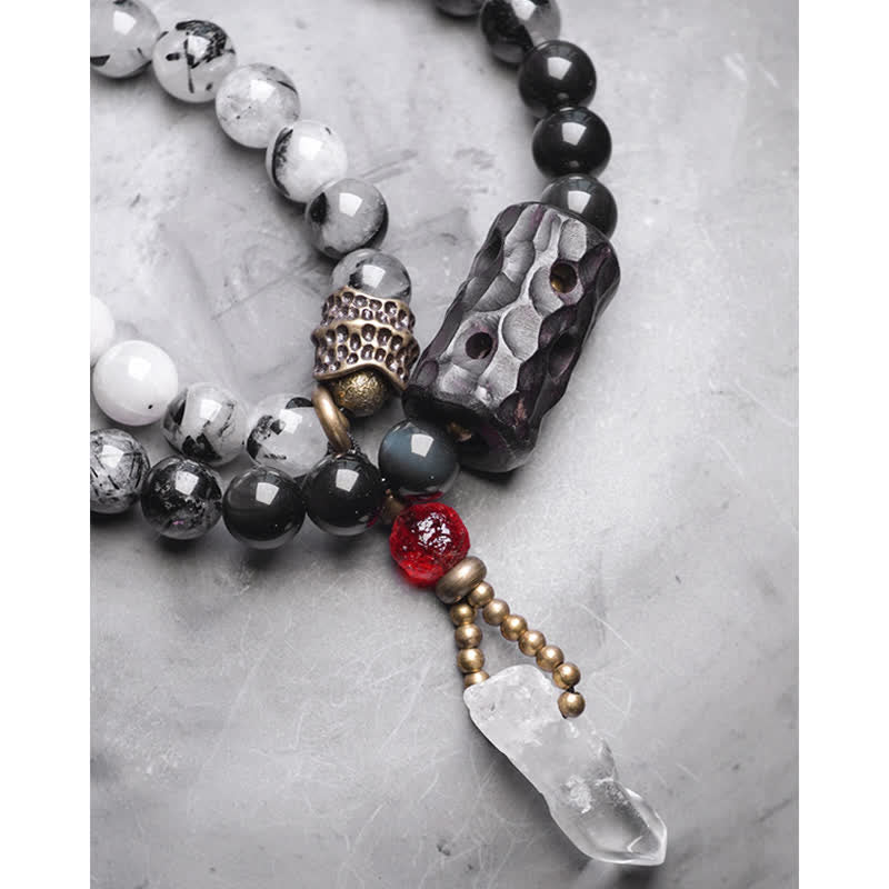 BWOOOH Black Rutilated Quartz Ebony Wood White Crystal Success Couple Bracelet