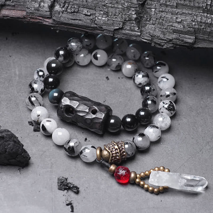 BWOOOH Black Rutilated Quartz Ebony Wood White Crystal Success Couple Bracelet