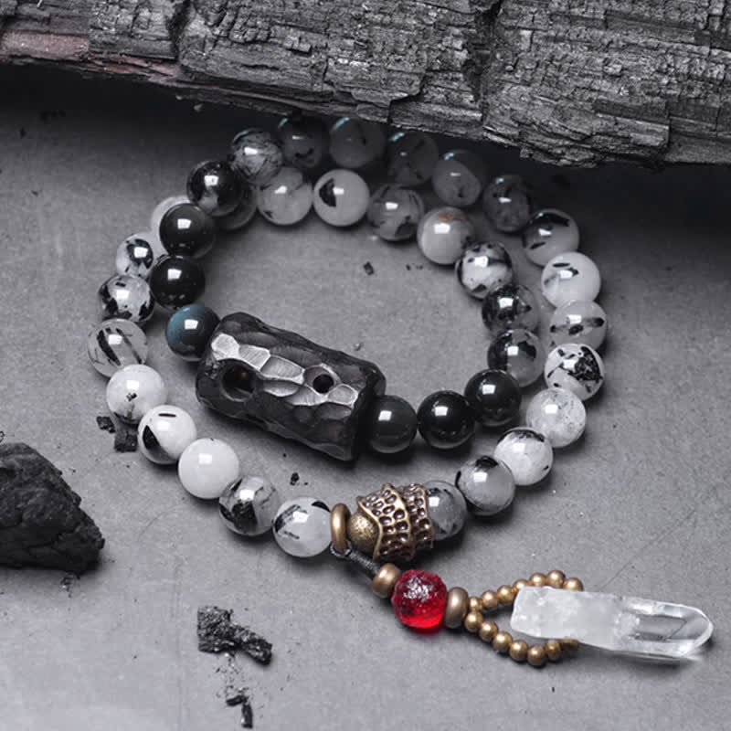 BWOOOH Black Rutilated Quartz Ebony Wood White Crystal Success Couple Bracelet