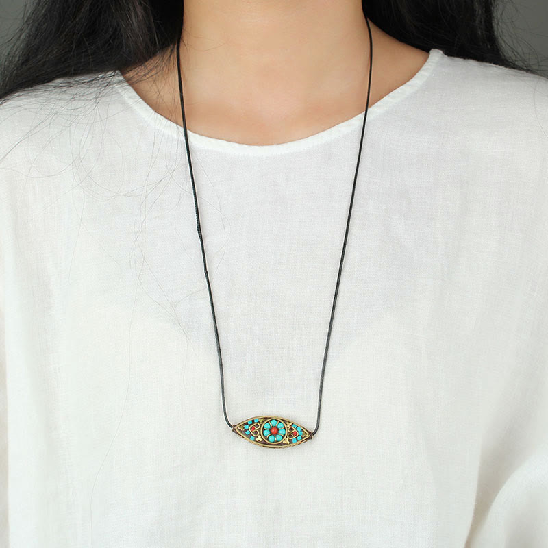 BWOOOH Tibet Turquoise Bead Marquise Pattern Protection Strength Necklace