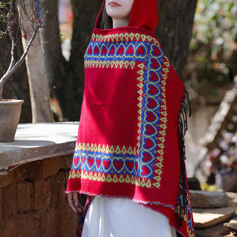 BWOOOH Tibetan Shawl Red Love Heart Tassel Hooded Cloak W