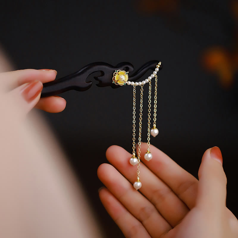 BWOOOH Ebony Wood Yellow Flower Pearl Tassels Hairpin