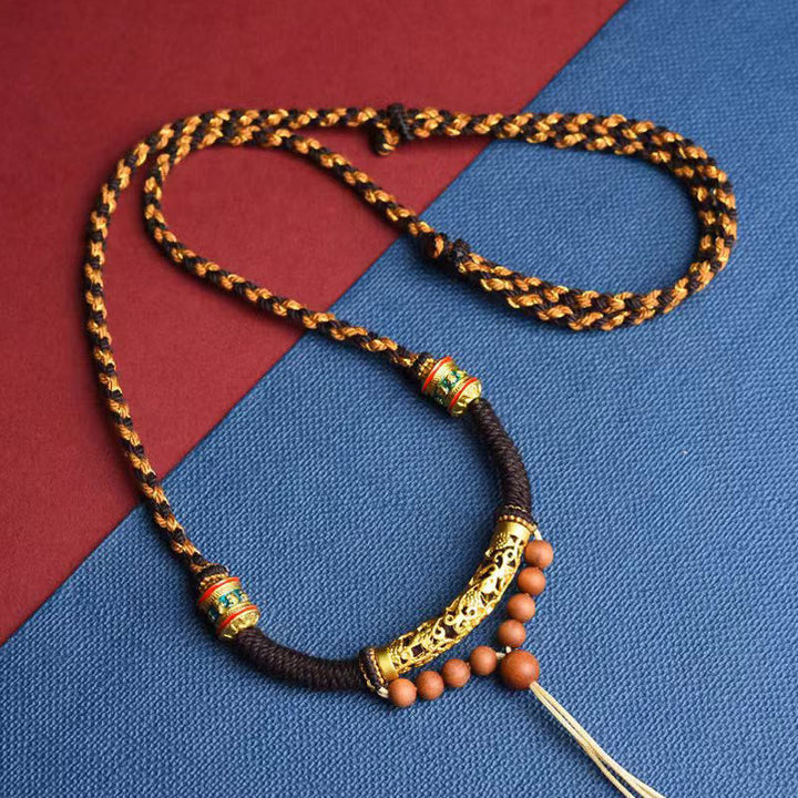 BWOOOH Tibetan handmade King Kong Vajra knot and Om Mani Padme Hum spinning prayer wheel pendant on string necklace