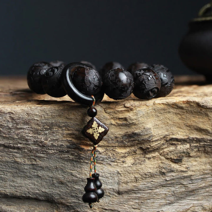 BWOOOH Ebony Wood Chinese Character Yin Yang Engraved Gourd Balance Bracelet