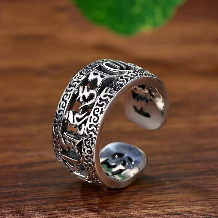 BWOOOH Vintage Tibet Om Mani Padme Hum Carved Hollow Design Purity Ring