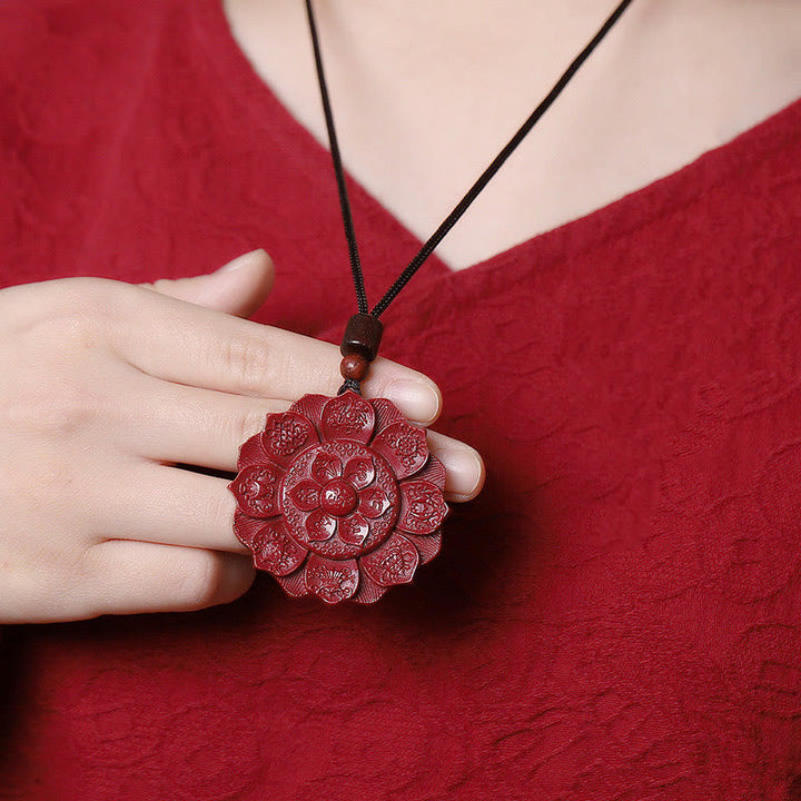BWOOOH Natural Cinnabar Lotus Om Mani Padme Hum Blessing Necklace String Pendant