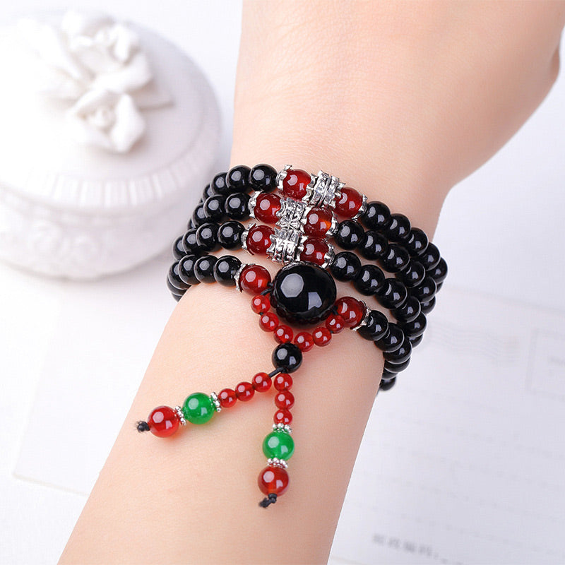 BWOOOH 108 Beads Natural Black Obsidian Tiger Eye Red Agate Mala Bracelet