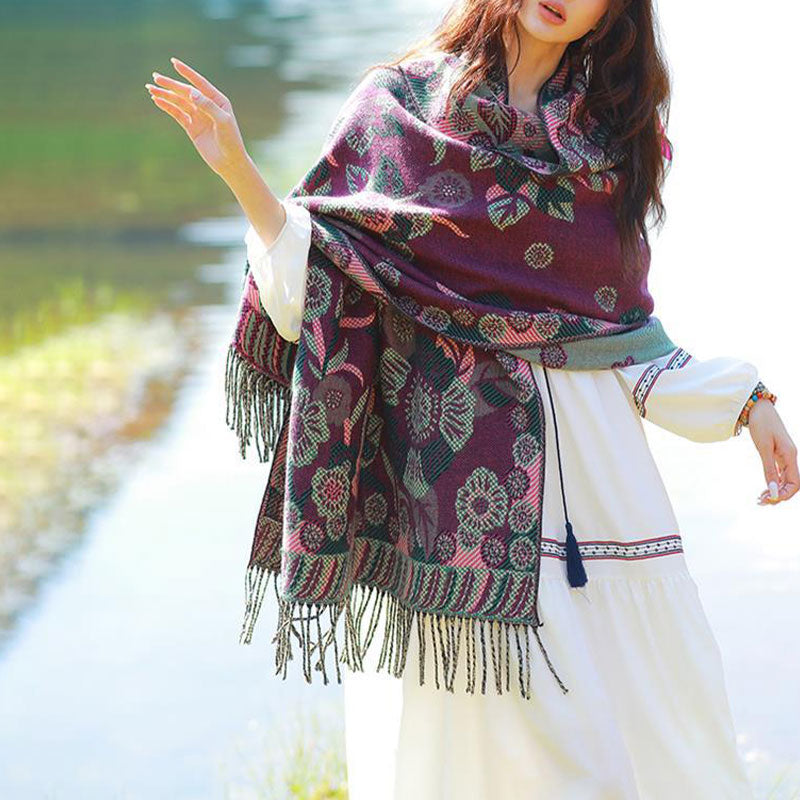 BWOOOH Tibetan Flower Floral Leaves Pattern Design Shawl 