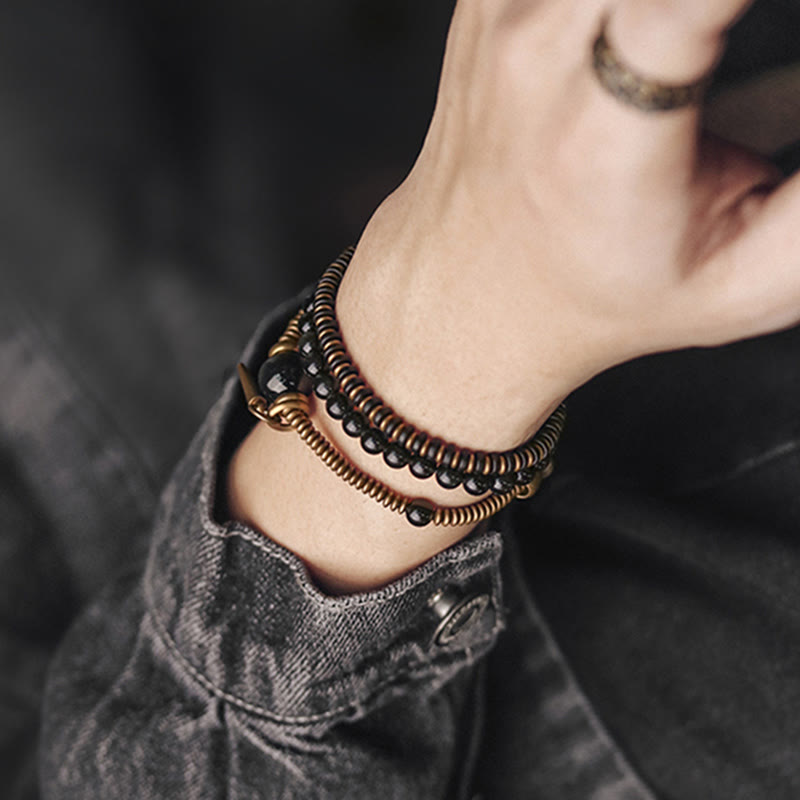 BWOOOH Rainbow Obsidian Ebony Wood Copper Healing Triple Wrap Bracelet