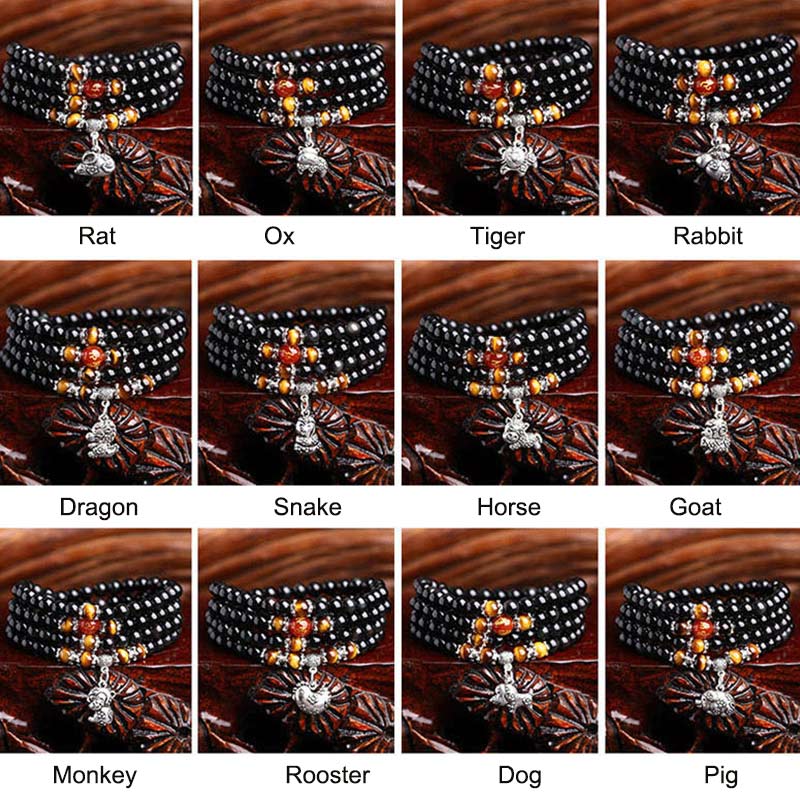 BWOOOH Chinese Zodiac 108 Beads Black Obsidian Tiger Eye Fortune Mala Bracelet